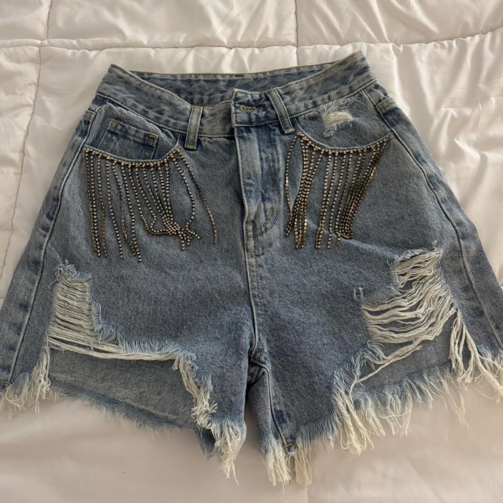 Stylish Blue Denim Women Shorts with Fringe Detail